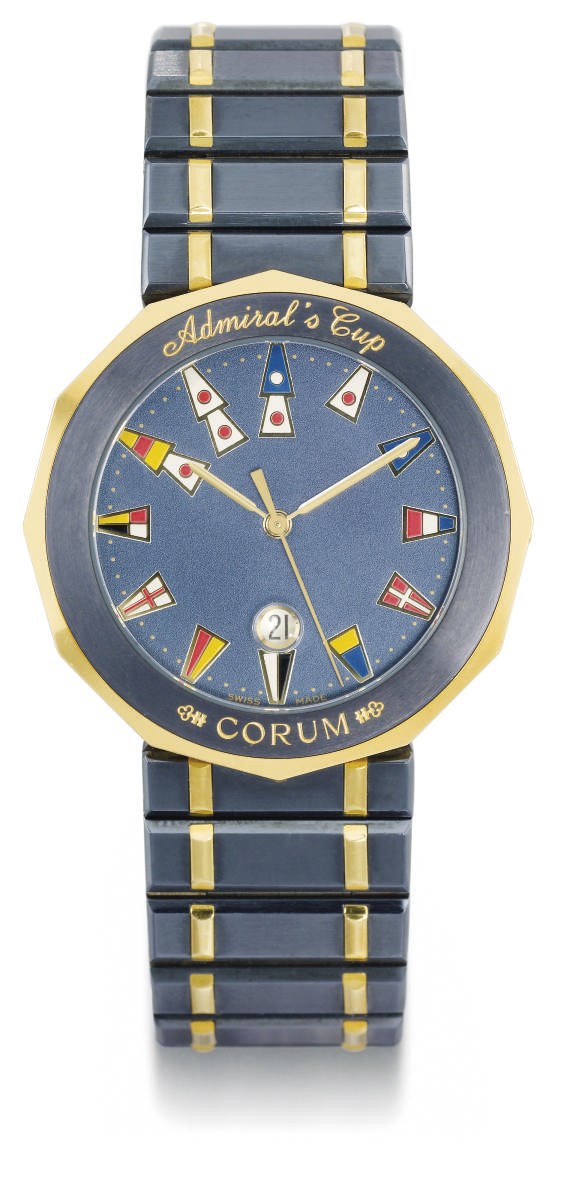 Corum. A stainless steel and gold polygonal-shaped wristwatch with sweep centre seconds, date and bracelet