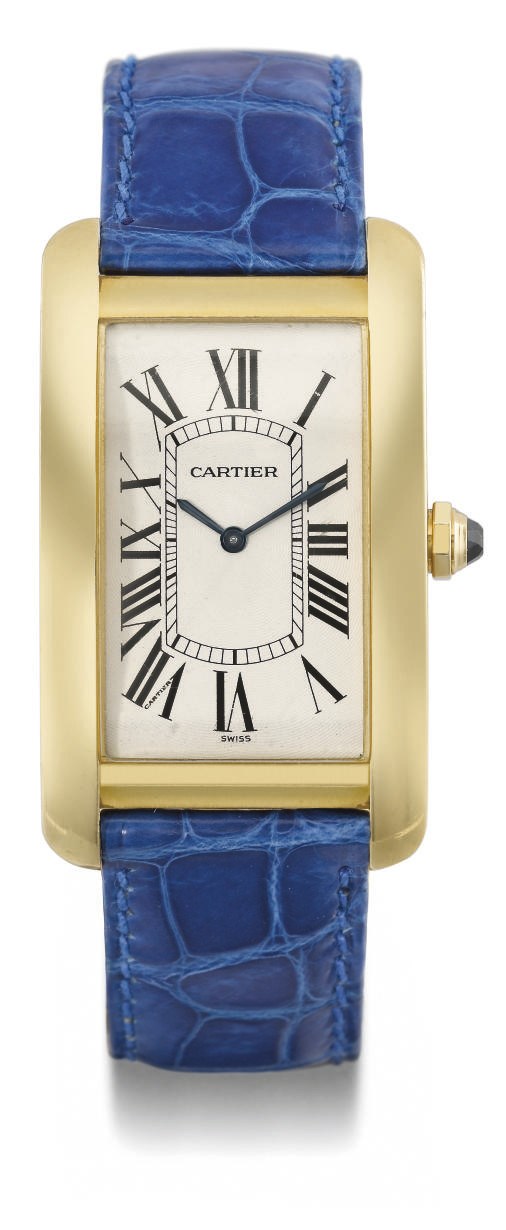 Cartier. An 18K gold rectangular curved wristwatch