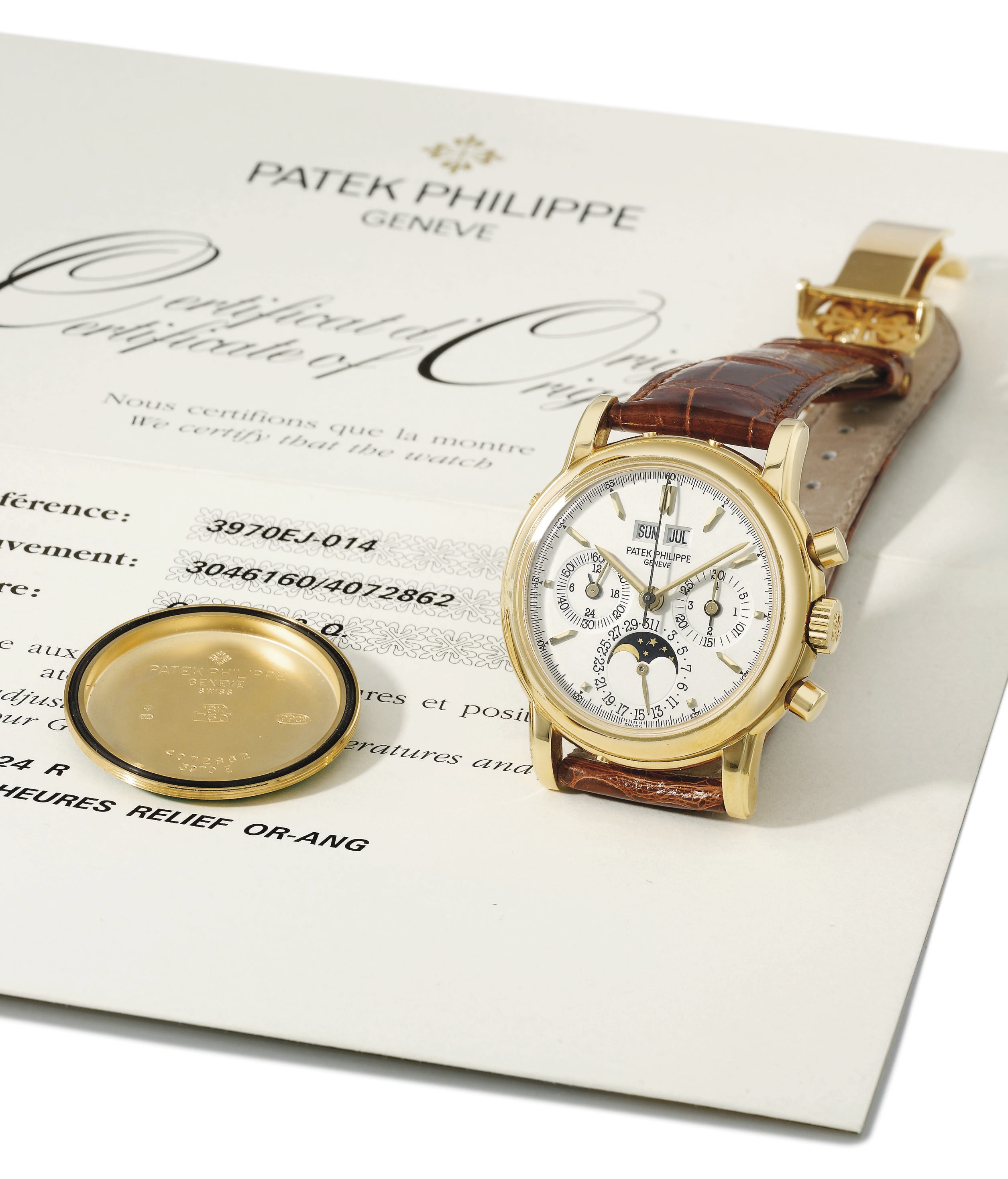 Patek Philippe. A fine 18K gold perpetual calendar chronograph wristwatch with moon phase