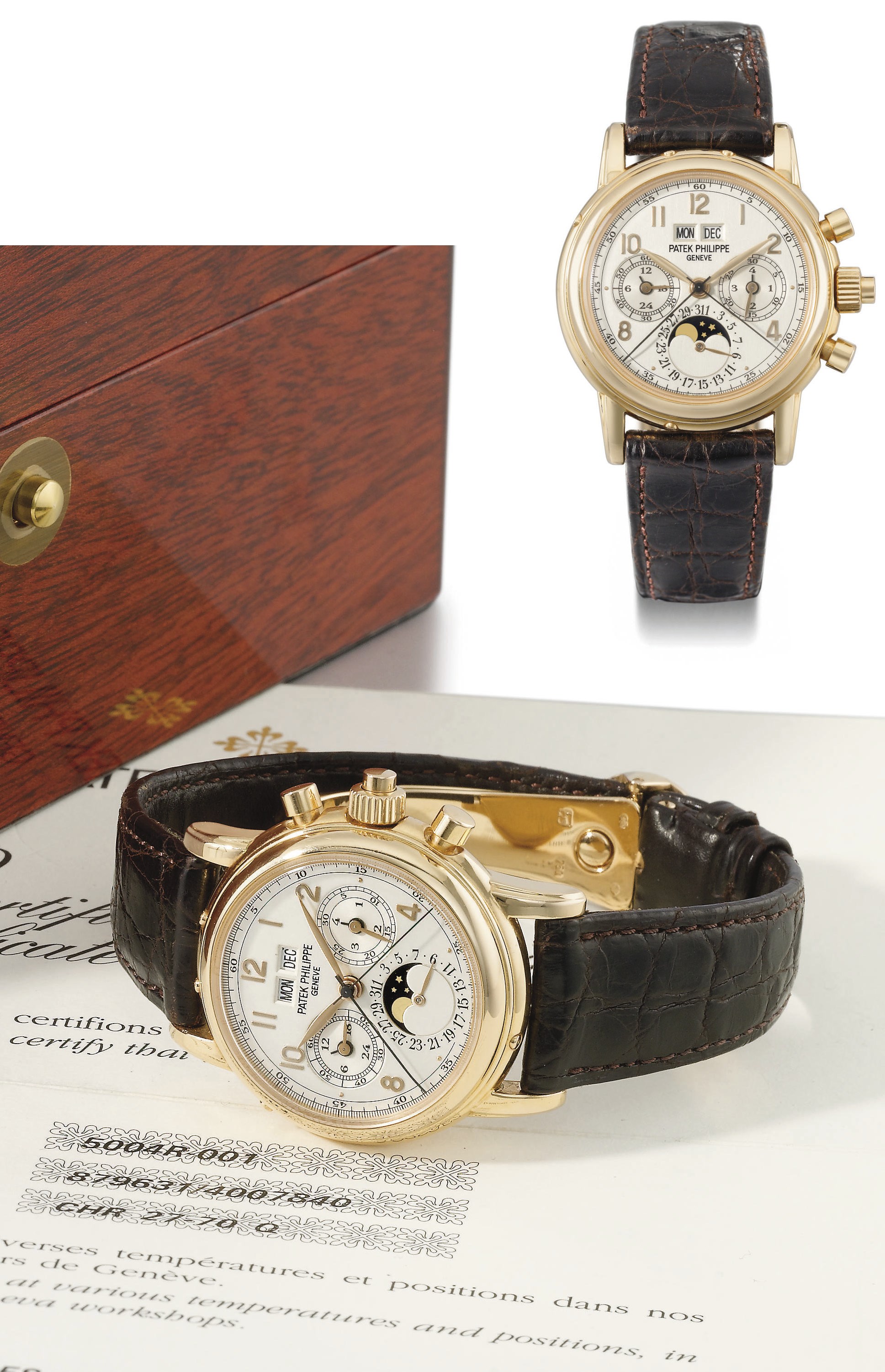 Patek Philippe. A fine and rare 18K pink gold perpetual calendar split seconds chronograph wristwatch with moon phases and original certificate