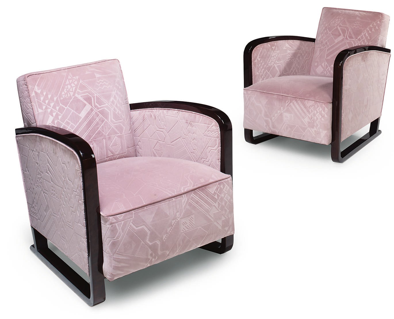 A PAIR OF DARK-STAINED BEECH AND UPHOLSTERED ARMCHAIRS, CIRCA 1930
