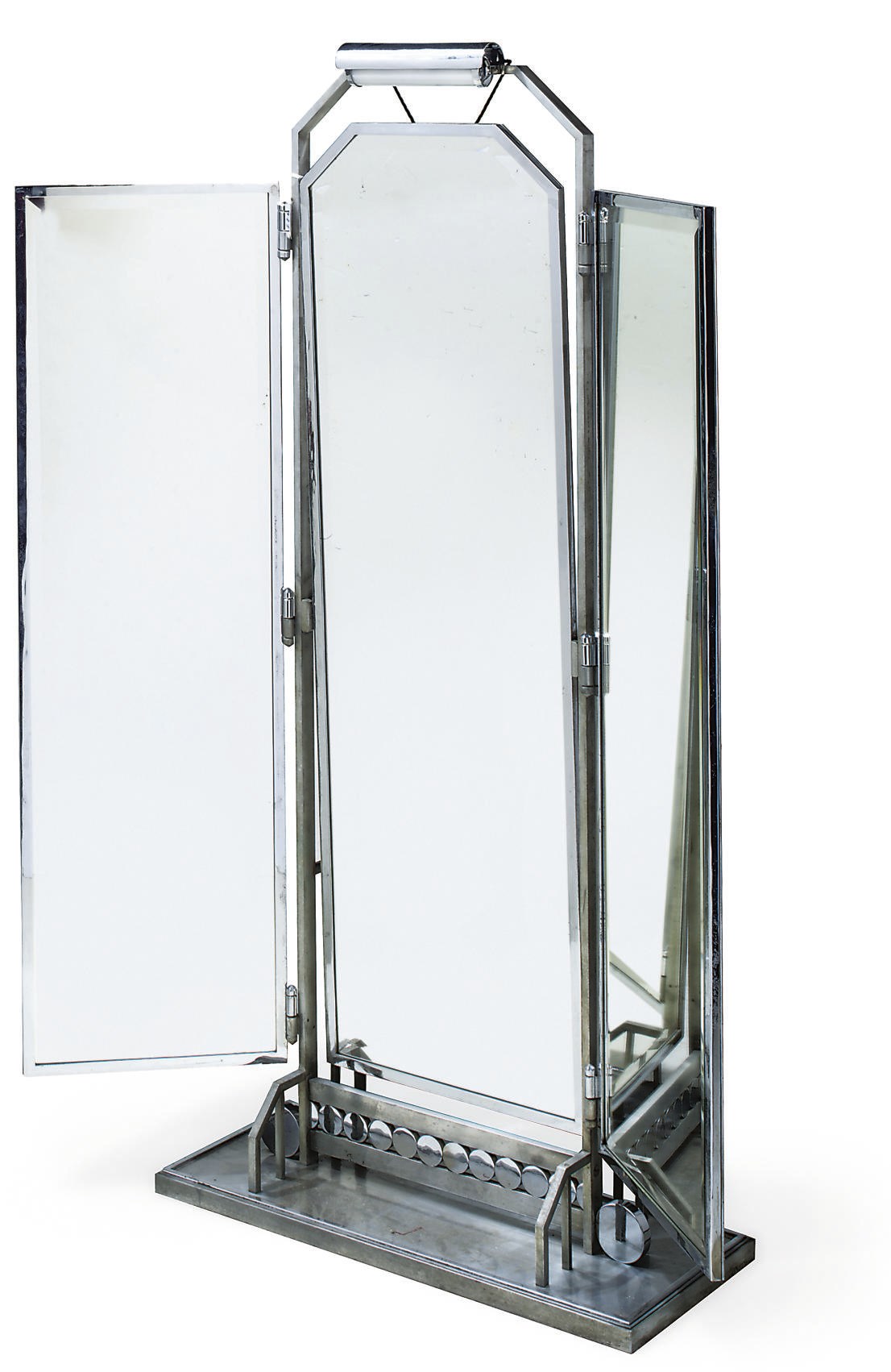 A CHROMIUM PLATED THREE-FOLD FULL LENGTH BEVELLED MIRROR, CIRCA 1930