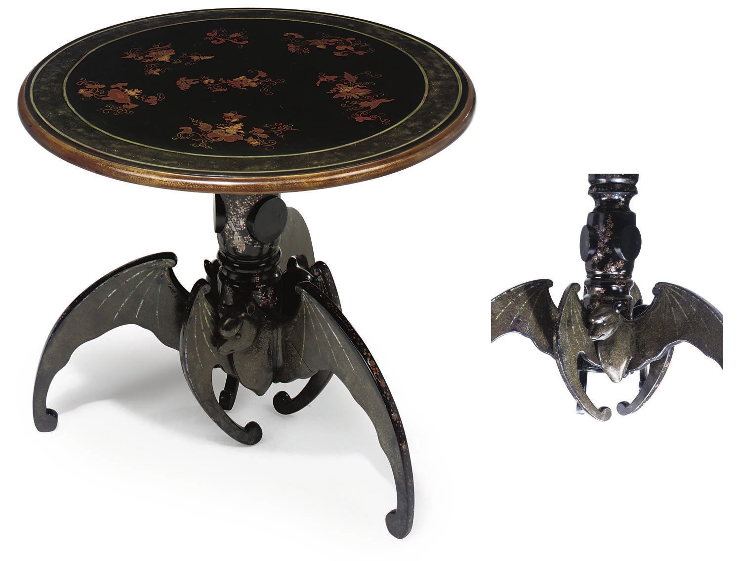 A LACQUER, PAINTED AND MOTHER-OF-PEARL 'PIPISTRELLE' OCCASIONAL TABLE, CIRCA 1890
