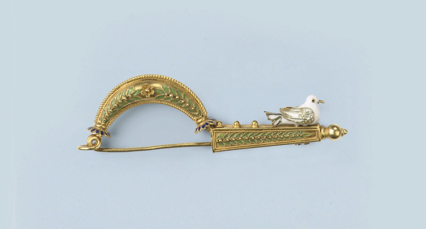 AN ANTIQUE ENAMEL FIBULA, BY MELILLO