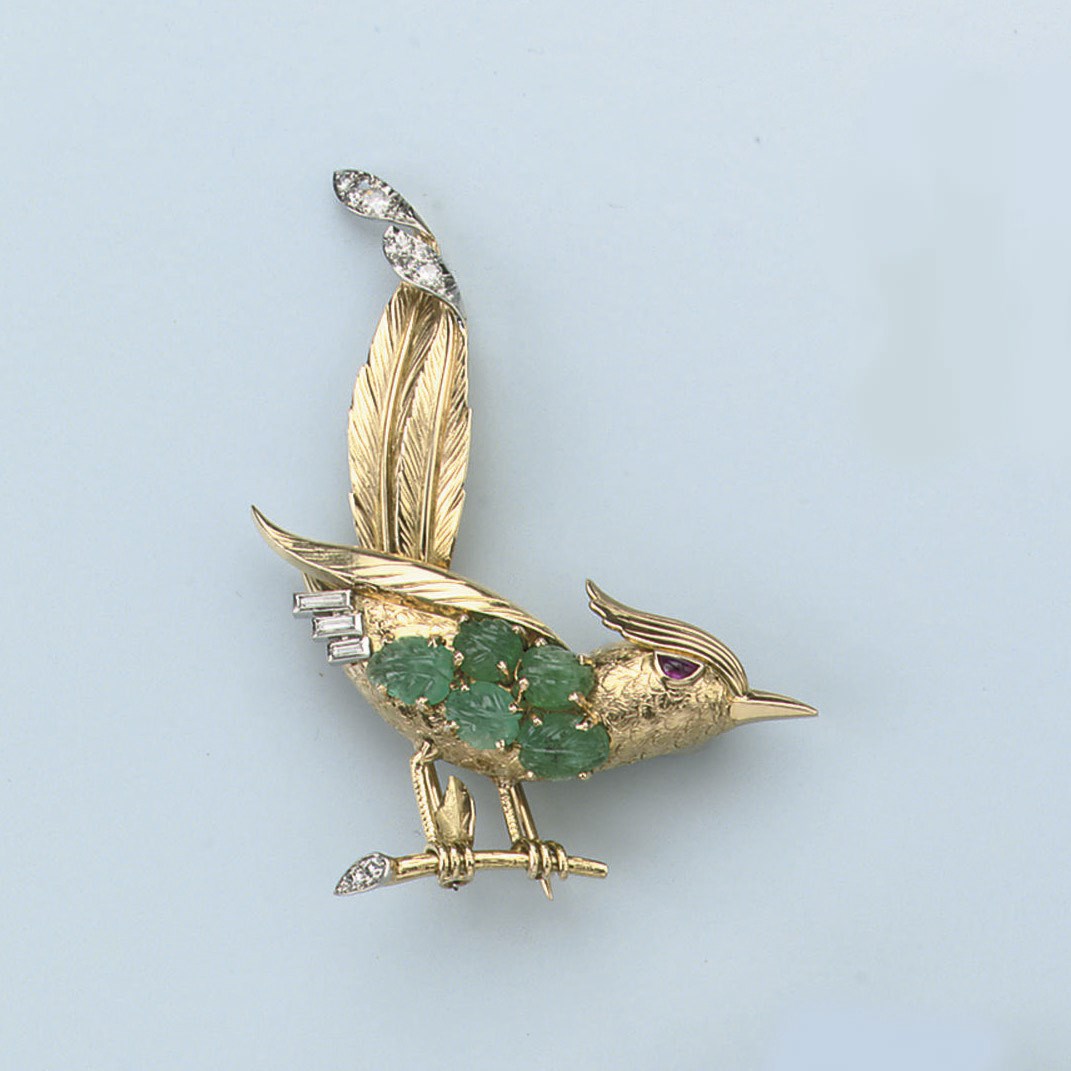 A GEM SET AND DIAMOND BIRD BROOCH, BY MAUBOUSSIN