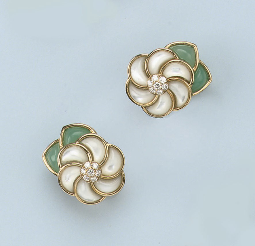A PAIR OF GEM-SET AND DIAMOND EARCLIPS, BY VAN CLEEF & ARPELS