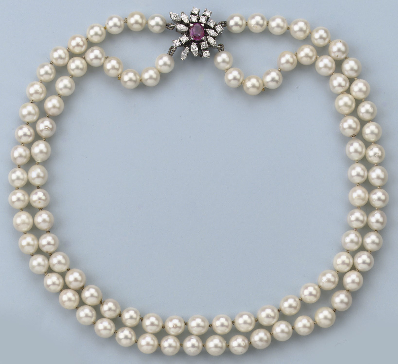 A CULTURED PEARL RUBY AND DIAMOND NECKLACE