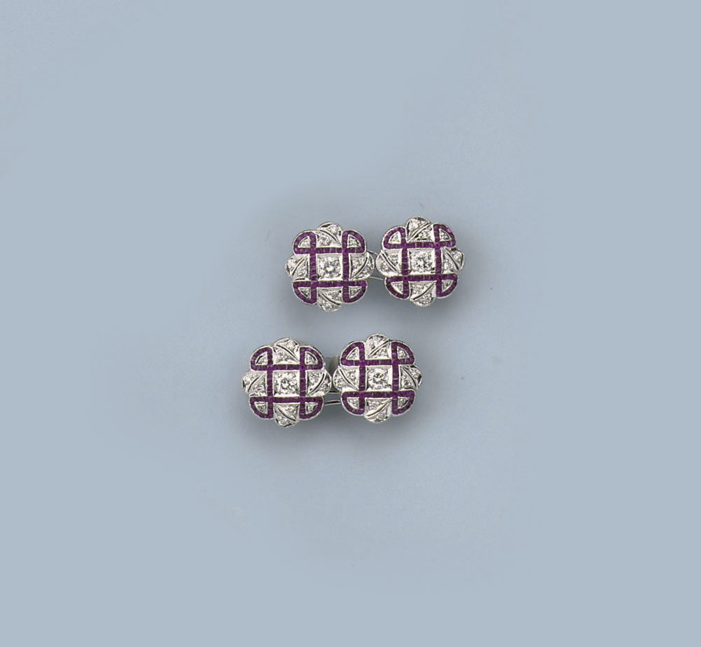 A PAIR OF RUBY AND DIAMOND CUFF LINKS