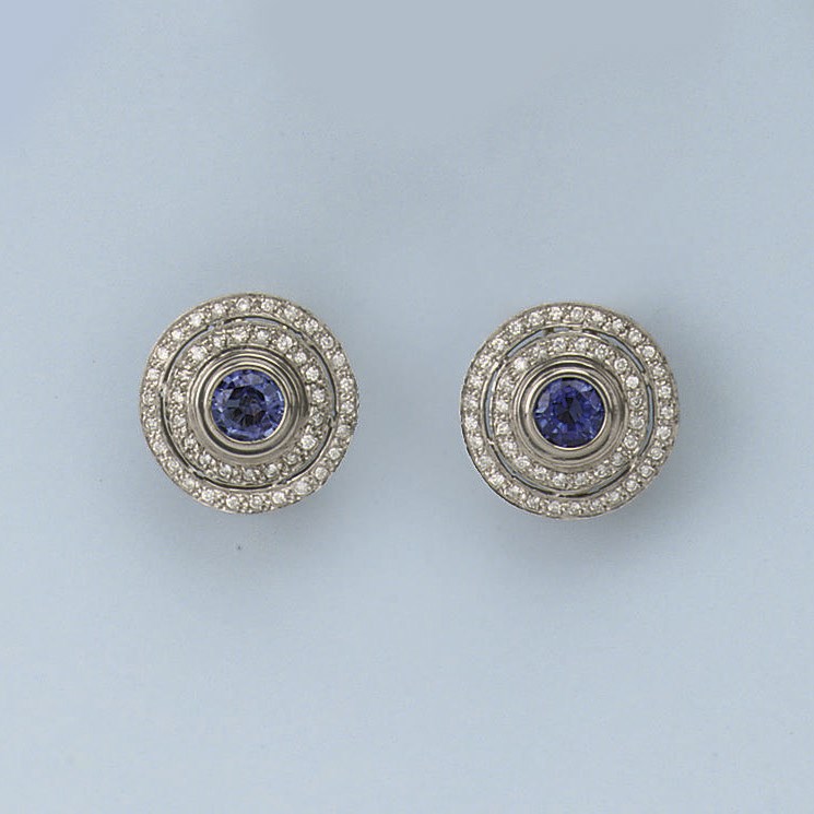A PAIR OF TOURMALINE, TANZANITE AND DIAMOND EARCIPS