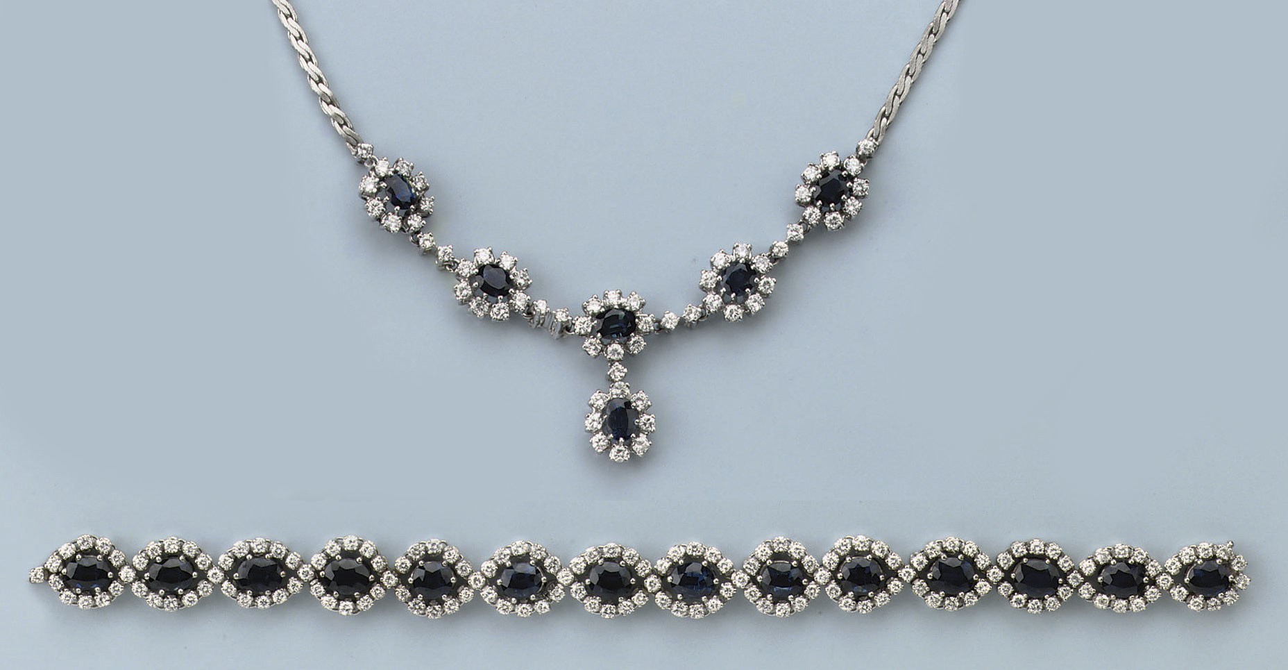 A SAPPHIRE AND DIAMOND NECKLACE AND BRACELET
