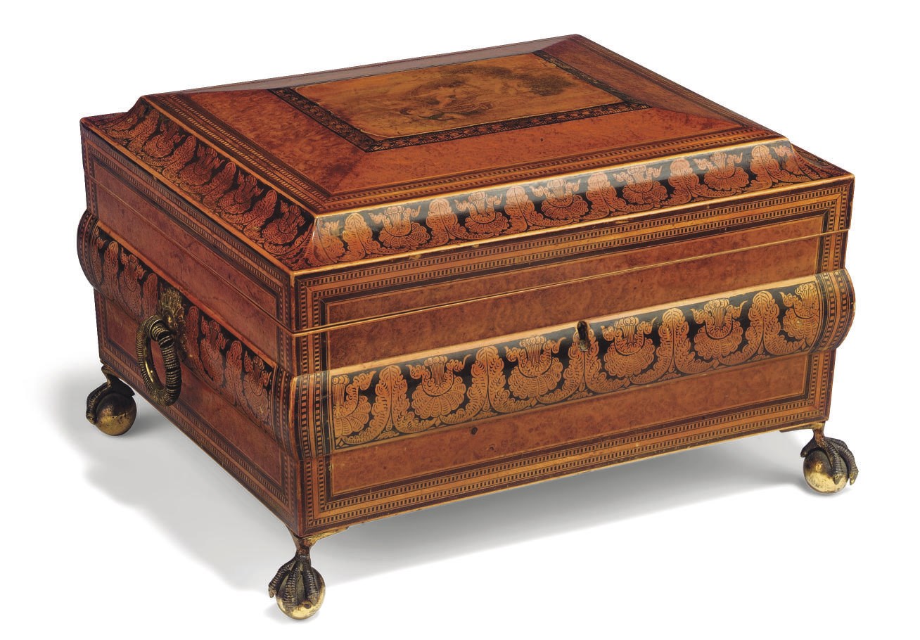 A REGENCY PENWORK AND THUYAWOOD WORK BOX