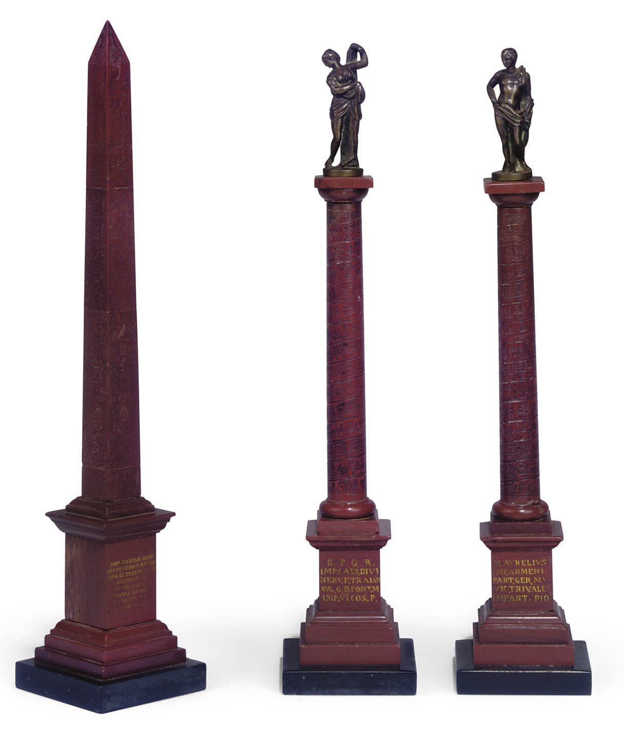 A PAIR OF ROSSO ANTICO MARBLE MODELS OF THE COLUMNS OF TRAJAN AND MARCUS AURELIUS