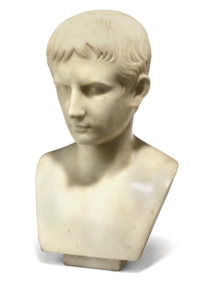 AN ITALIAN WHITE MARBLE BUST OF CAESAR AUGUSTUS