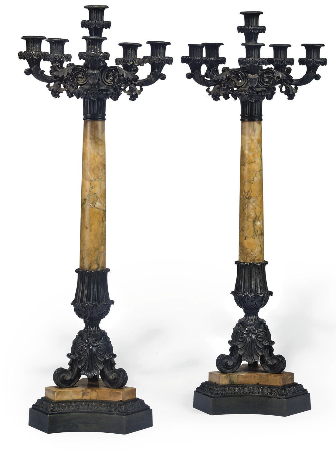 A PAIR OF LOUIS PHILIPPE BRONZE AND SIENA MARBLE SIX-LIGHT CANDELABRA
