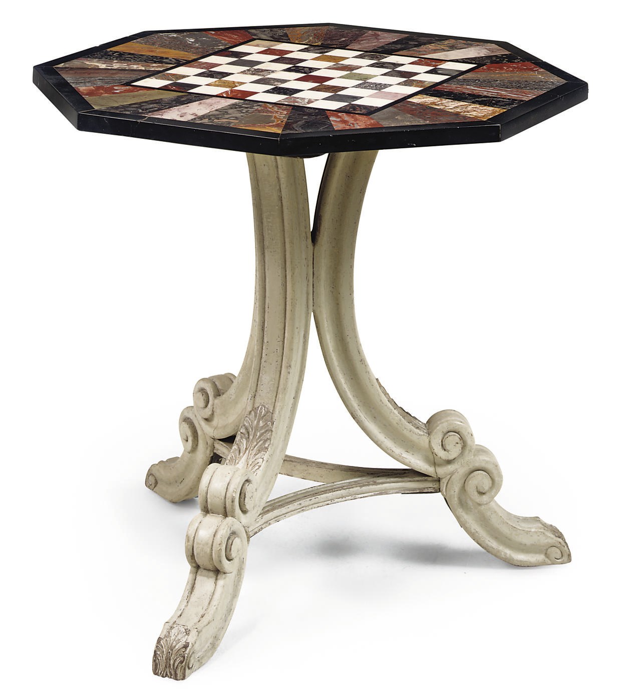 A SPECIMEN MARBLE AND WHITE PAINTED GAMES TABLE