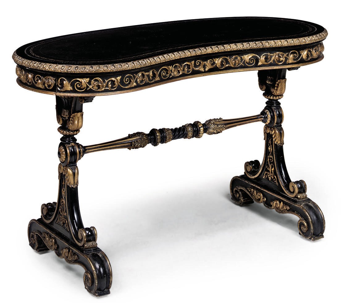 A VICTORIAN GILTWOOD COMPOSITION AND EBONISED KIDNEY-SHAPED WRITING TABLE