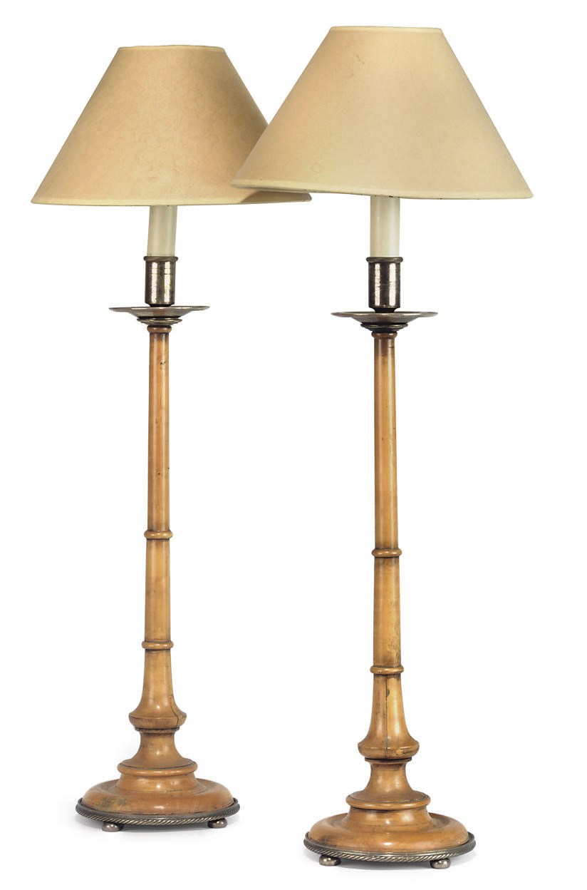 A PAIR OF ITALIAN SILVER-PLATED MOUNTED BOXWOOD TABLE LAMPS