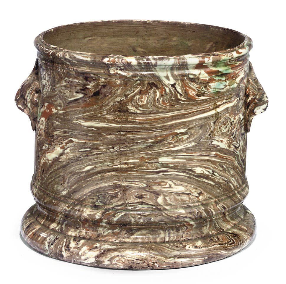 A CONTINENTAL AGATE WARE CYLINDRICAL JARDINIERE