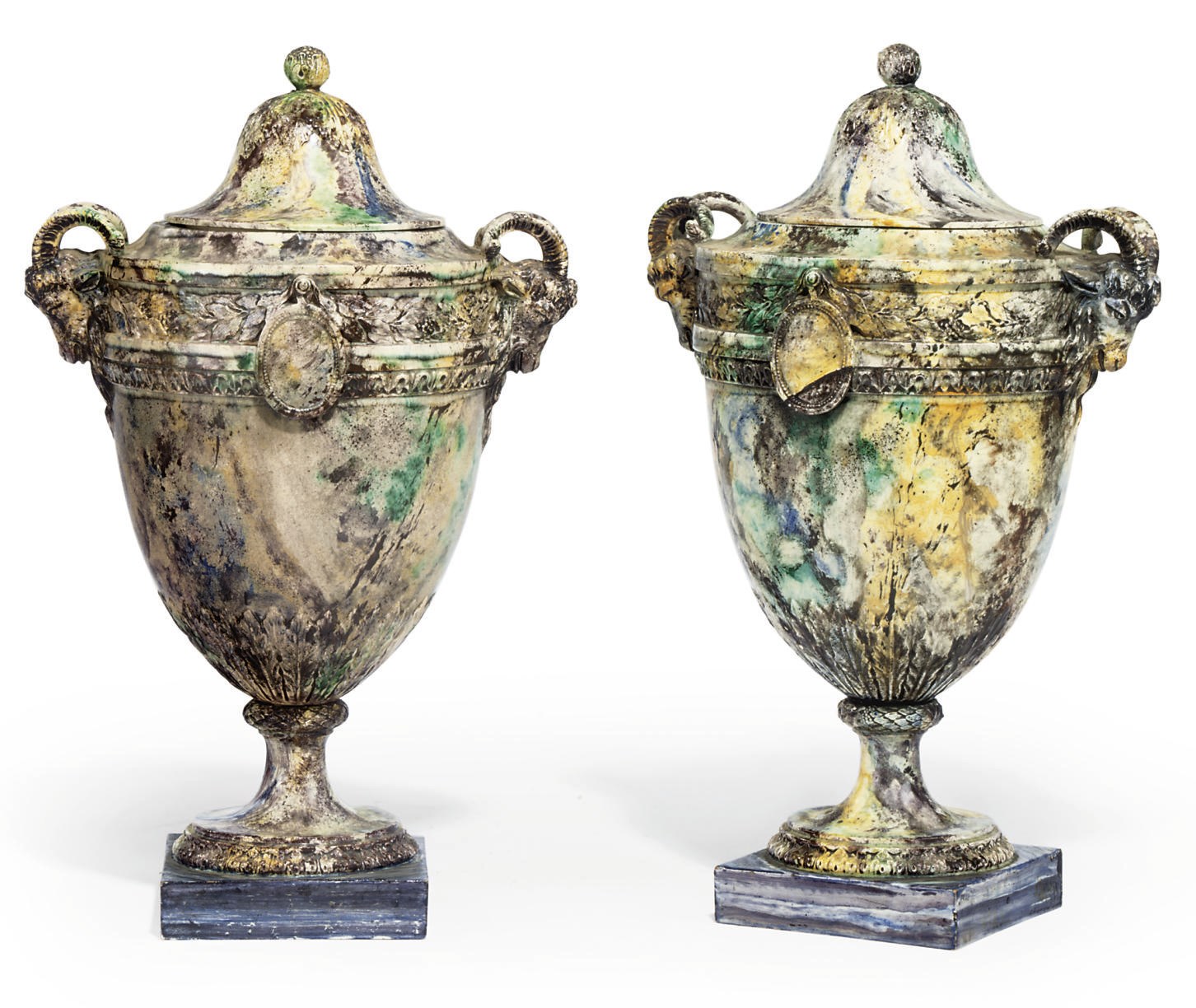 A PAIR OF FRENCH POTTERY TWO-HANDLED VASES AND COVERS