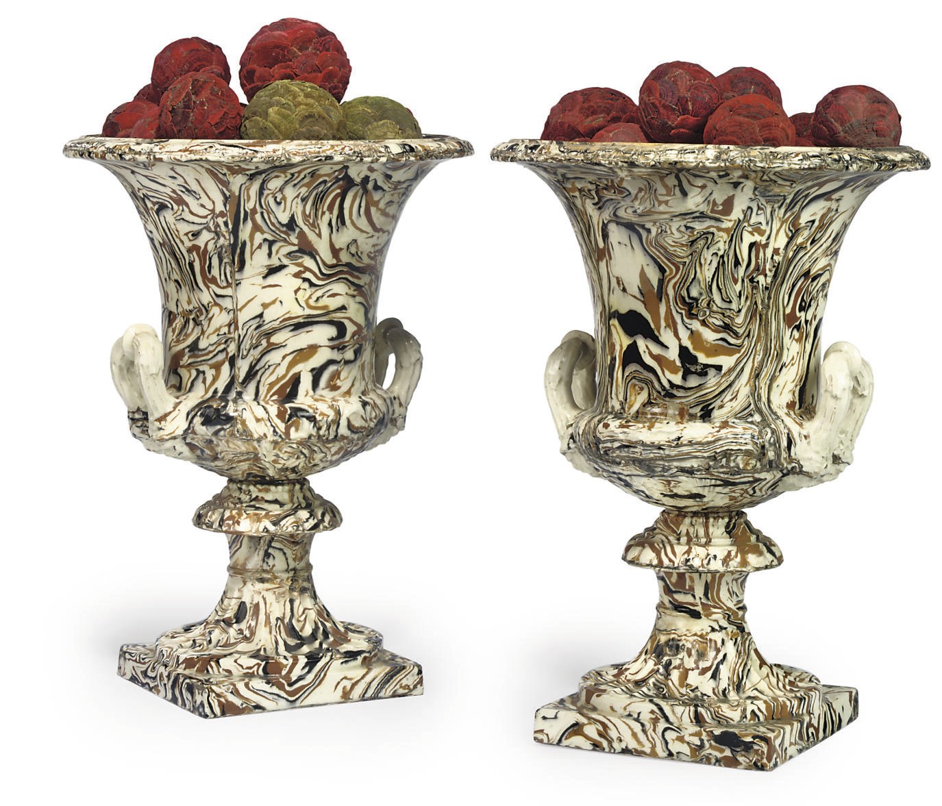 A PAIR OF CONTINENTAL POTTERY 'AGATE' CAMPANA-SHAPED VASES