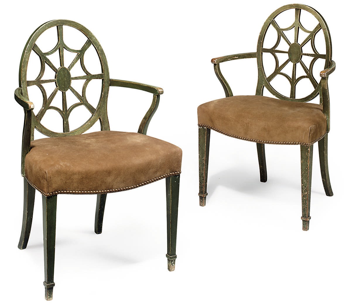 A PAIR OF GREEN PAINTED SPIDER BACK ARMCHAIRS