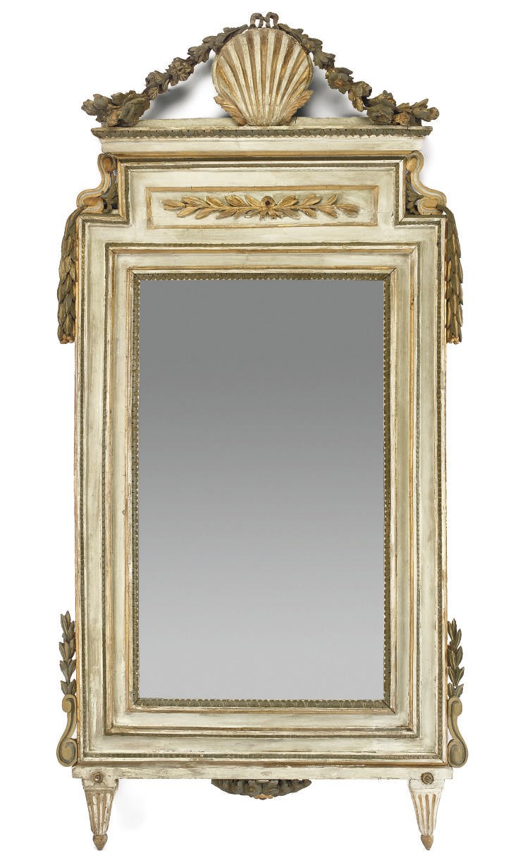 A NORTH ITALIAN PARCEL-GILT AND POLYCHROME DECORATED MIRROR