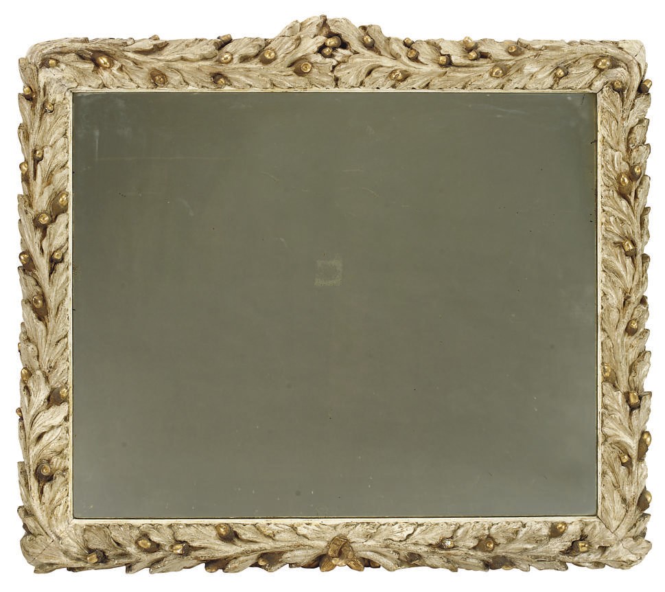A WHITE PAINTED AND PARCEL-GILT CARVED PINE PICTURE FRAME MIRROR