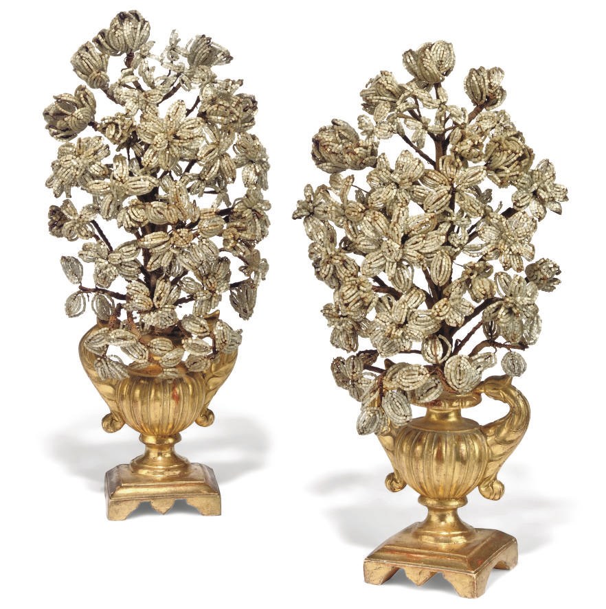 A PAIR OF ITALIAN GILTWOOD AND BEADWORK ALTAR VASES