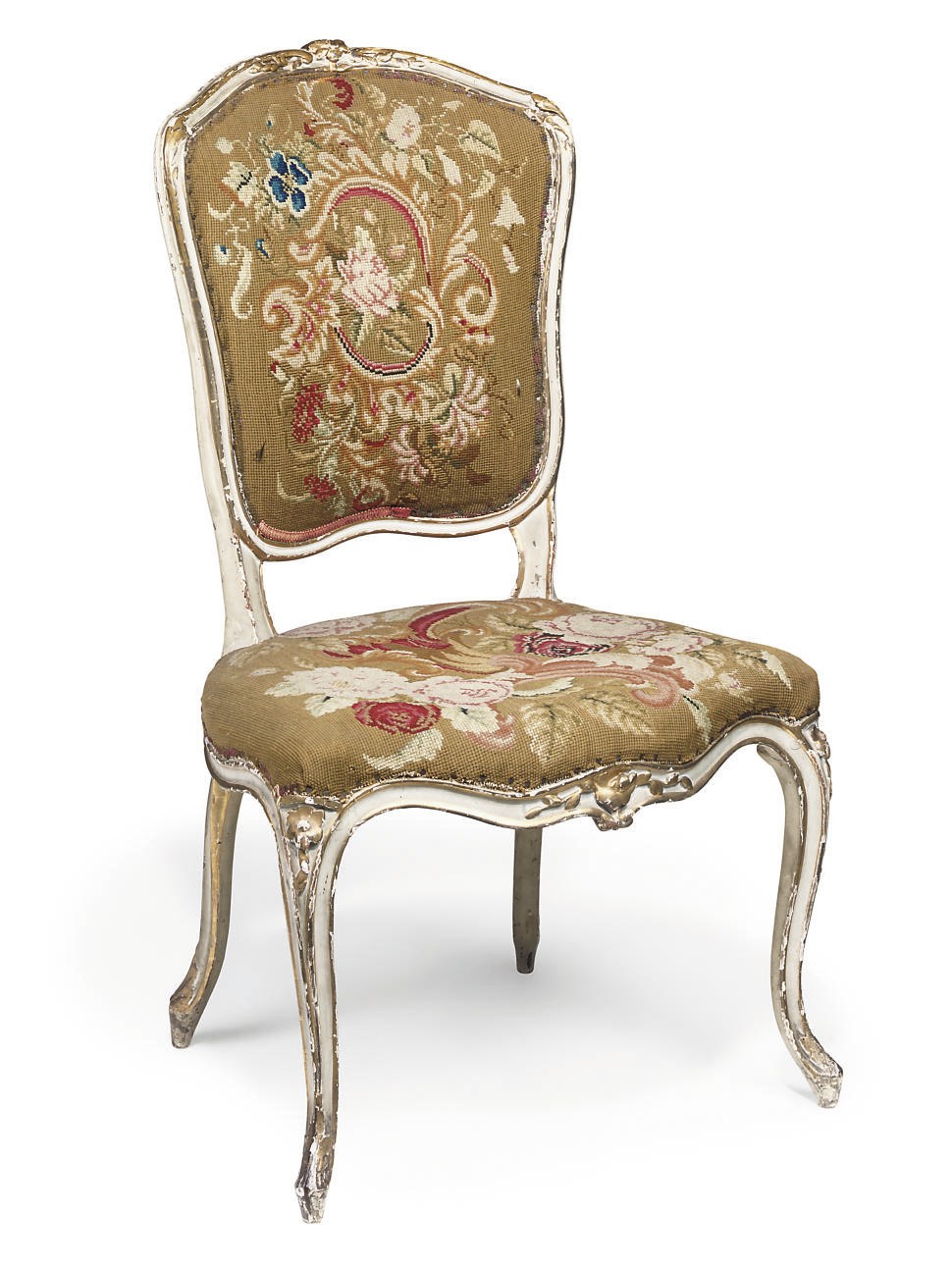 A LOUIS XV GREY PAINTED AND PARCEL-GILT CHAISE EN CABRIOLET