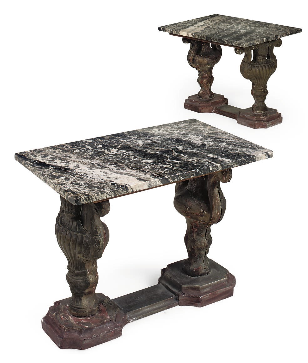 A PAIR OF ITALIAN BRASS-MOUNTED AND SILVERED LAMP TABLES