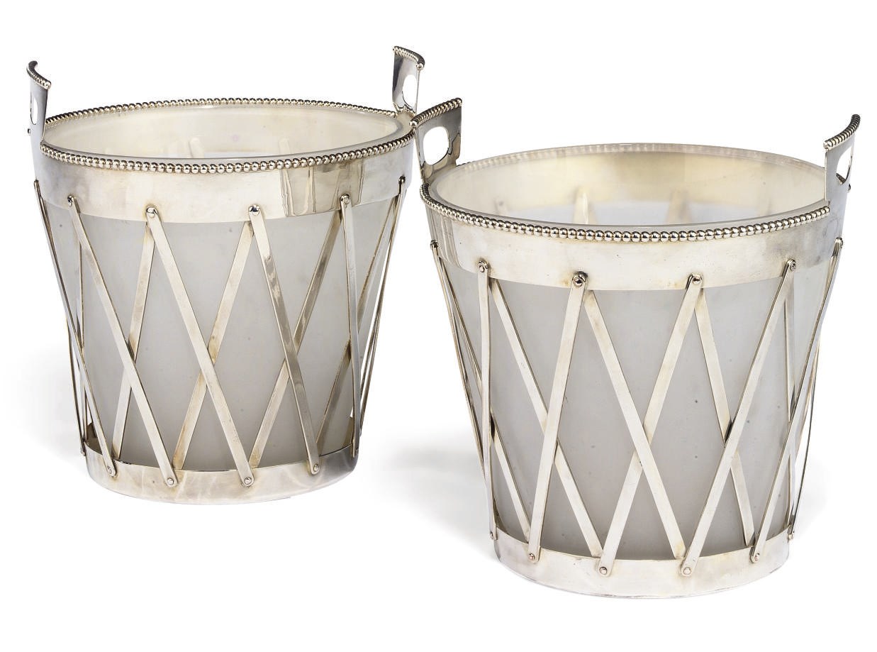 A PAIR OF ITALIAN ELECTROPLATED TWO-HANDLED WINE COOLERS