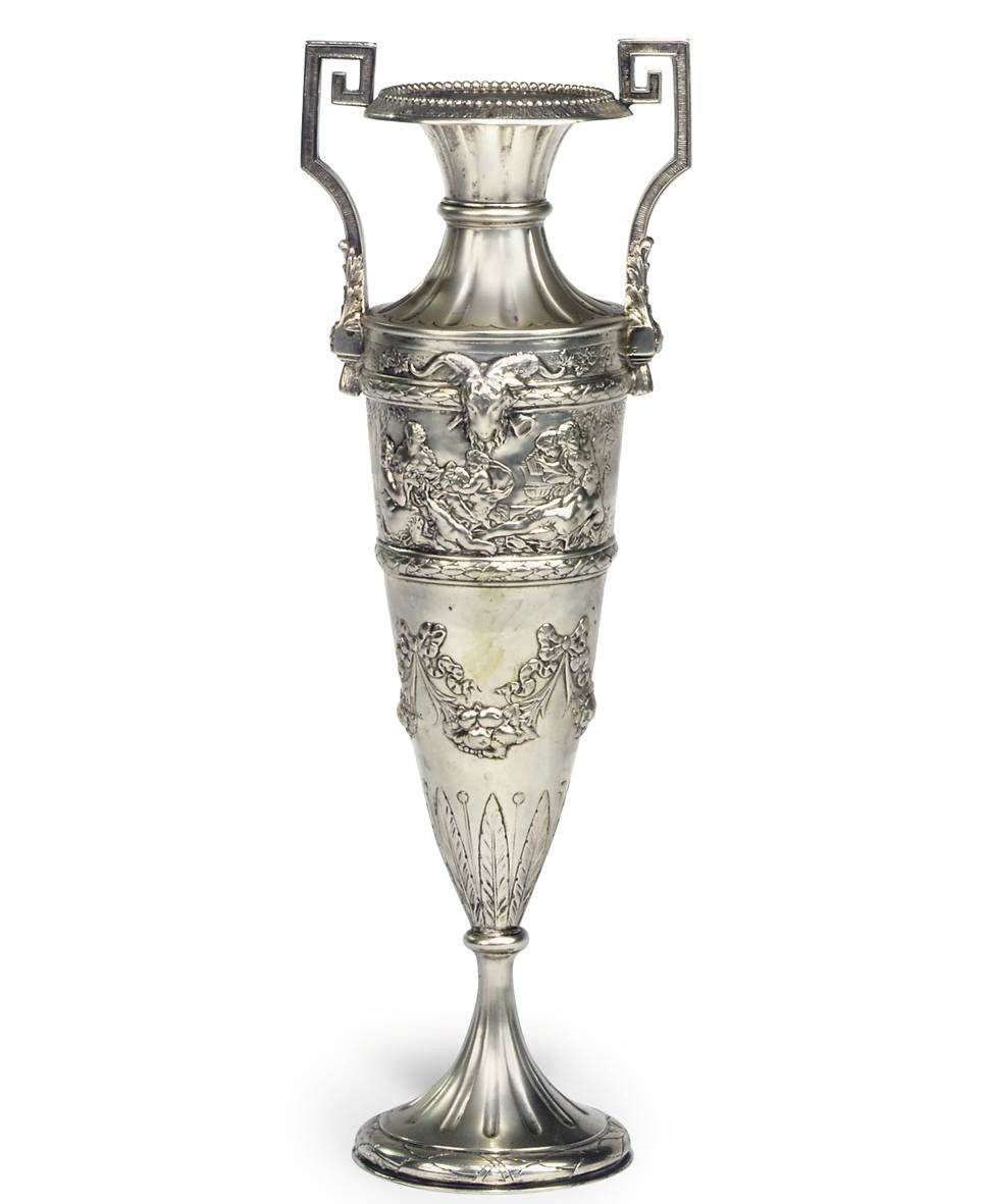 A CONTINENTAL SILVER TWO-HANDLED VASE