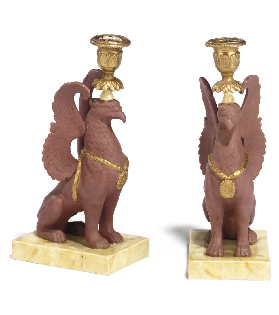 A PAIR OF FRENCH POLYCHROME AND GILT PORCELAIN CANDLESTICKS