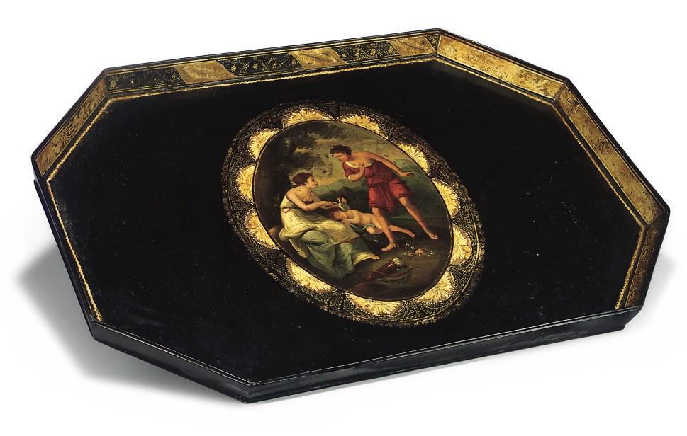 A REGENCY GILT-HEIGHTENED PAPIER-MACHE TRAY