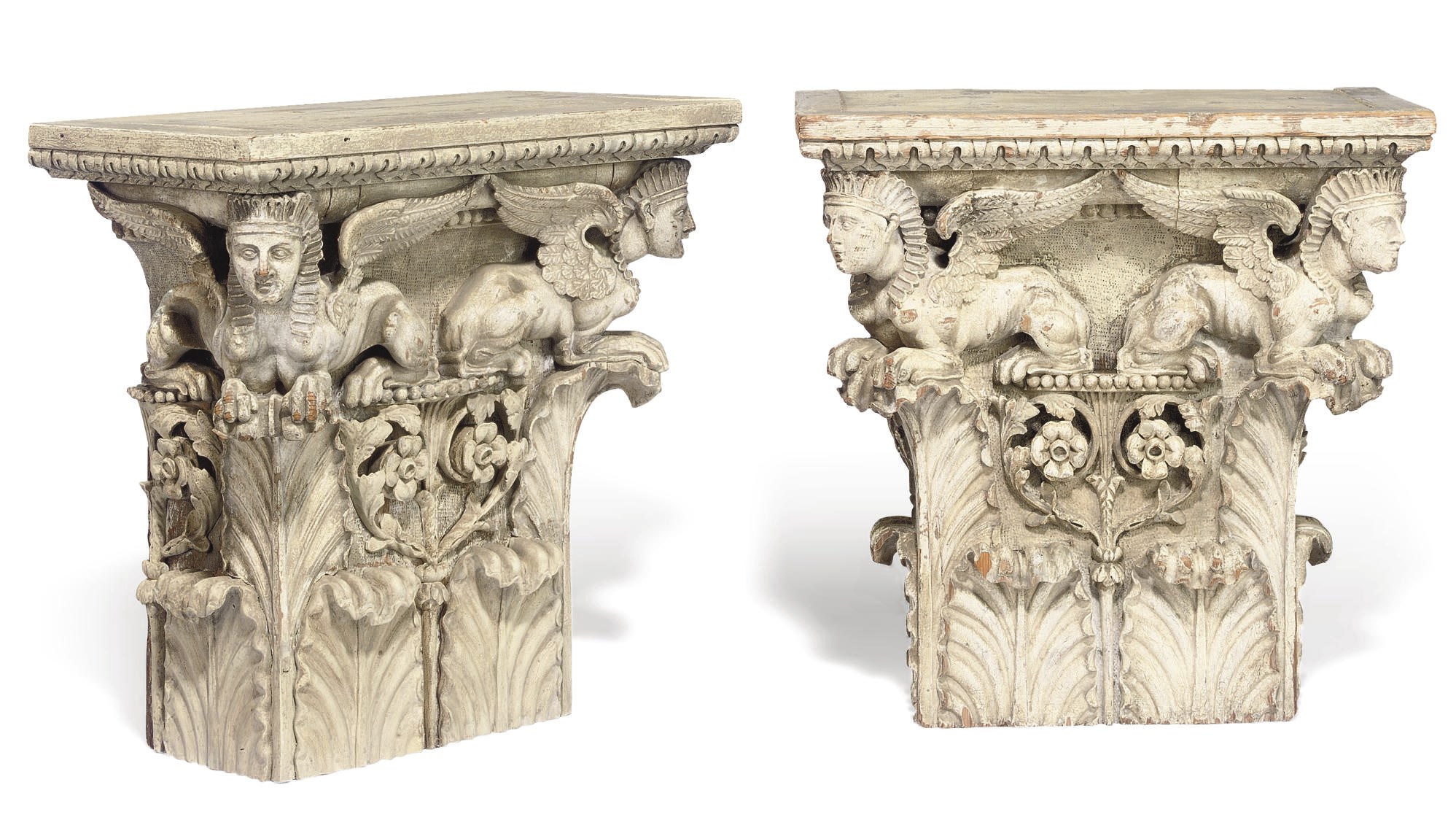 A PAIR OF GEORGE III IRISH PAINTED PINE PILASTER CAPITALS