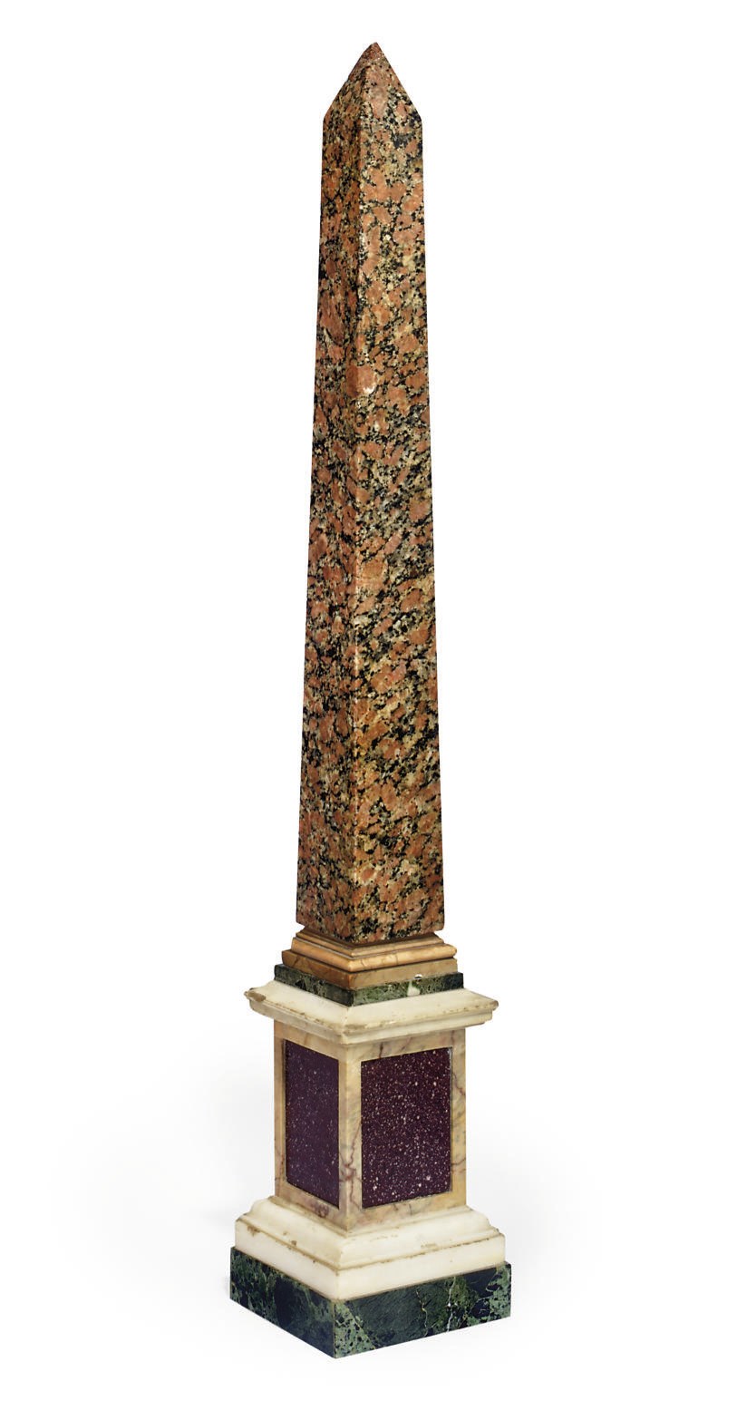 AN ITALIAN GRANITO ROSSO AND SPECIMEN MARBLE OBELISK