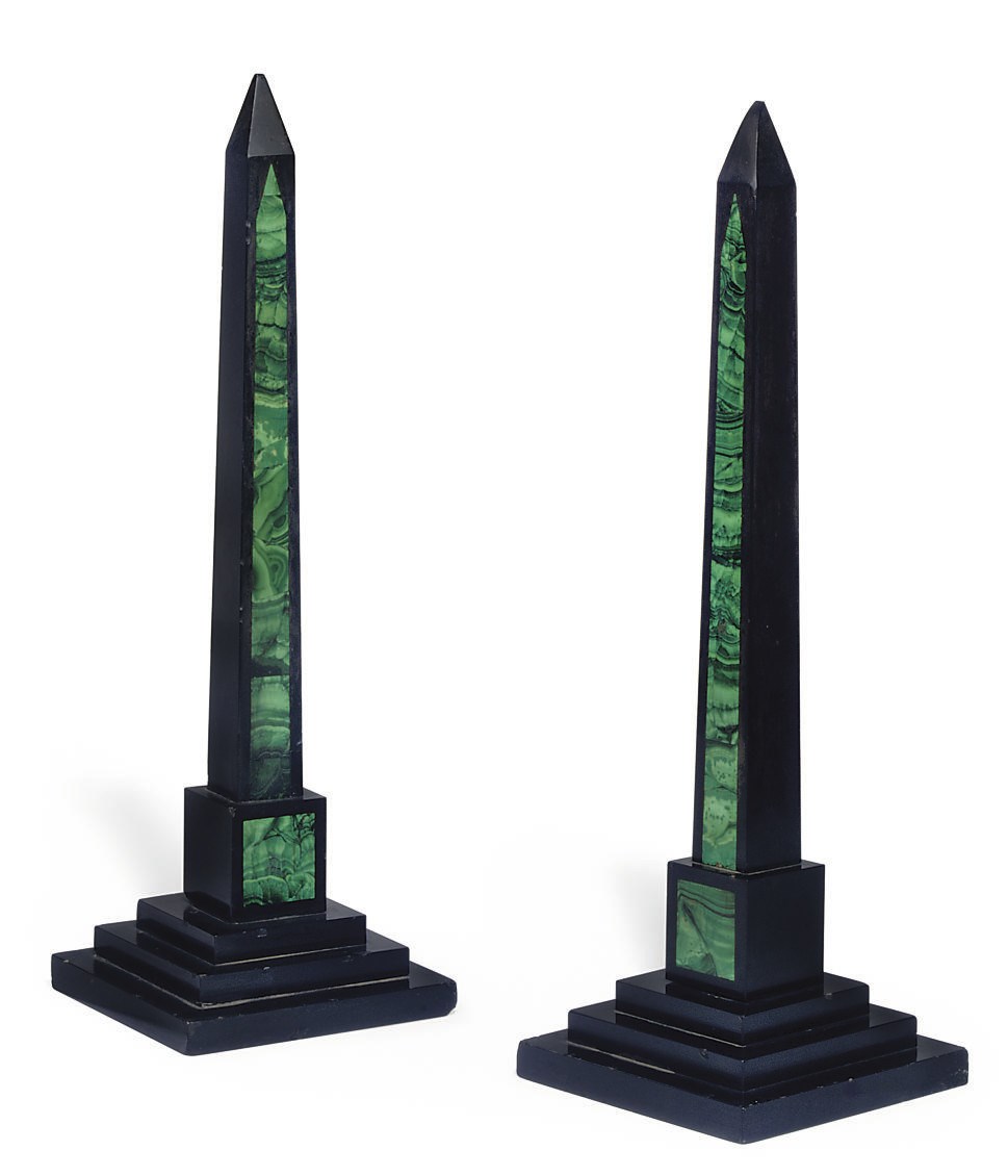 A PAIR OF VICTORIAN BLACK MARBLE AND MALACHITE OBELISKS