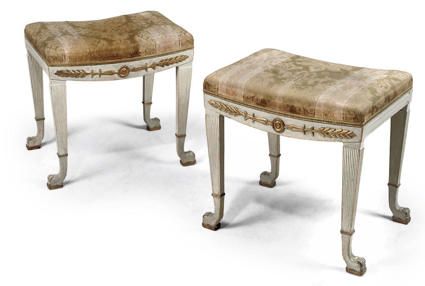 A PAIR OF SWEDISH PARCEL-GILT AND GREY PAINTED STOOLS