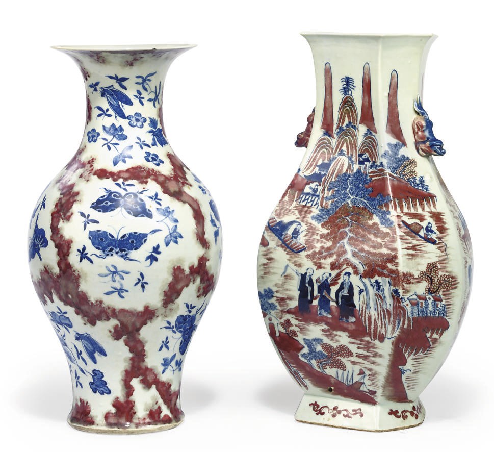 TWO CHINESE UNDERGLAZE BLUE AND RED VASES