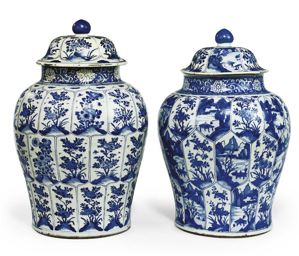 TWO CHINESE BLUE AND WHITE BALUSTER JARS AND COVERS
