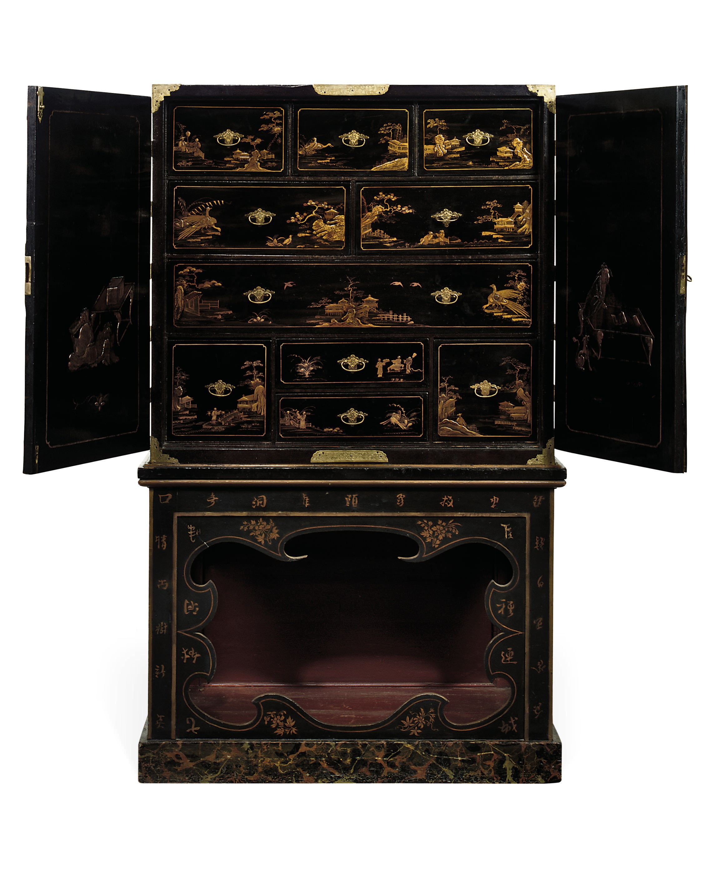 A GEORGE III BRASS-MOUNTED BLACK AND GILT JAPANNED CABINET-ON-STAND