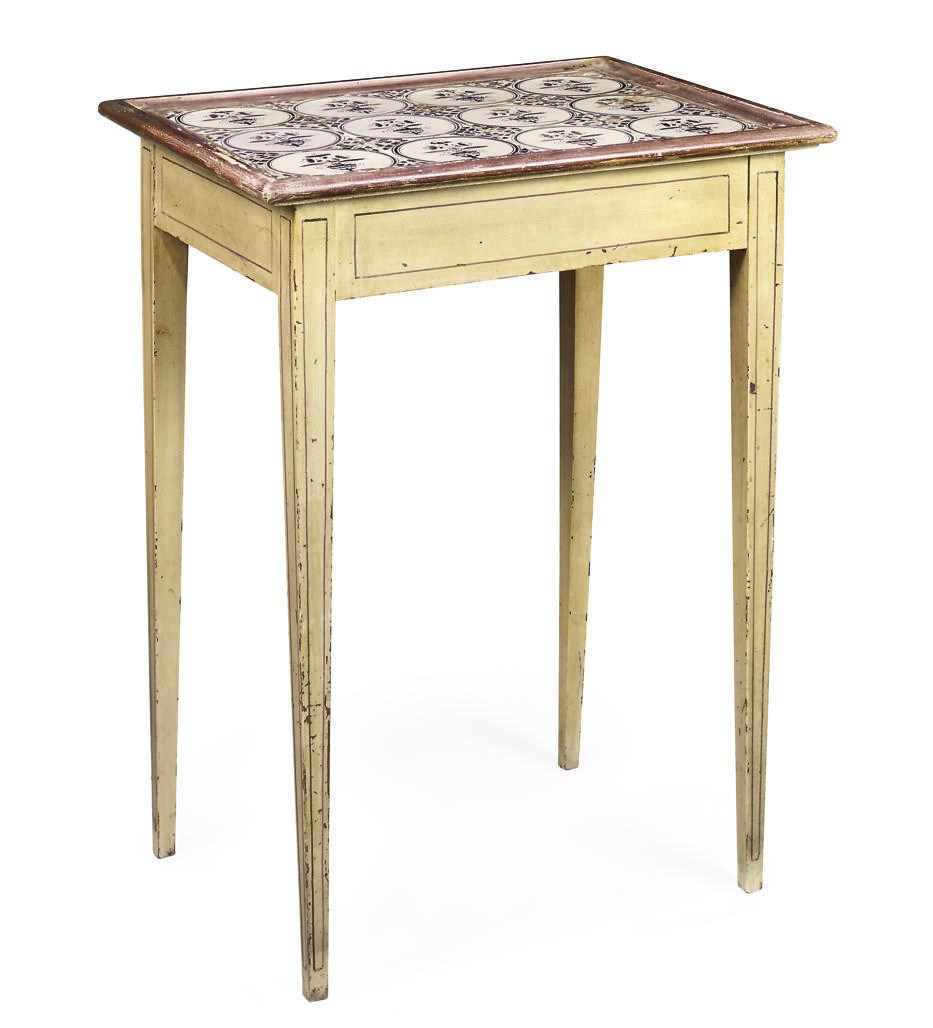 A SWEDISH CREAM AND MAUVE PAINTED LAMP TABLE