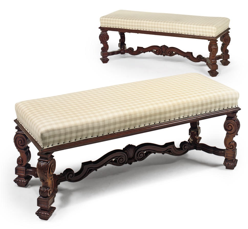 A PAIR OF FRENCH WALNUT LONG STOOLS