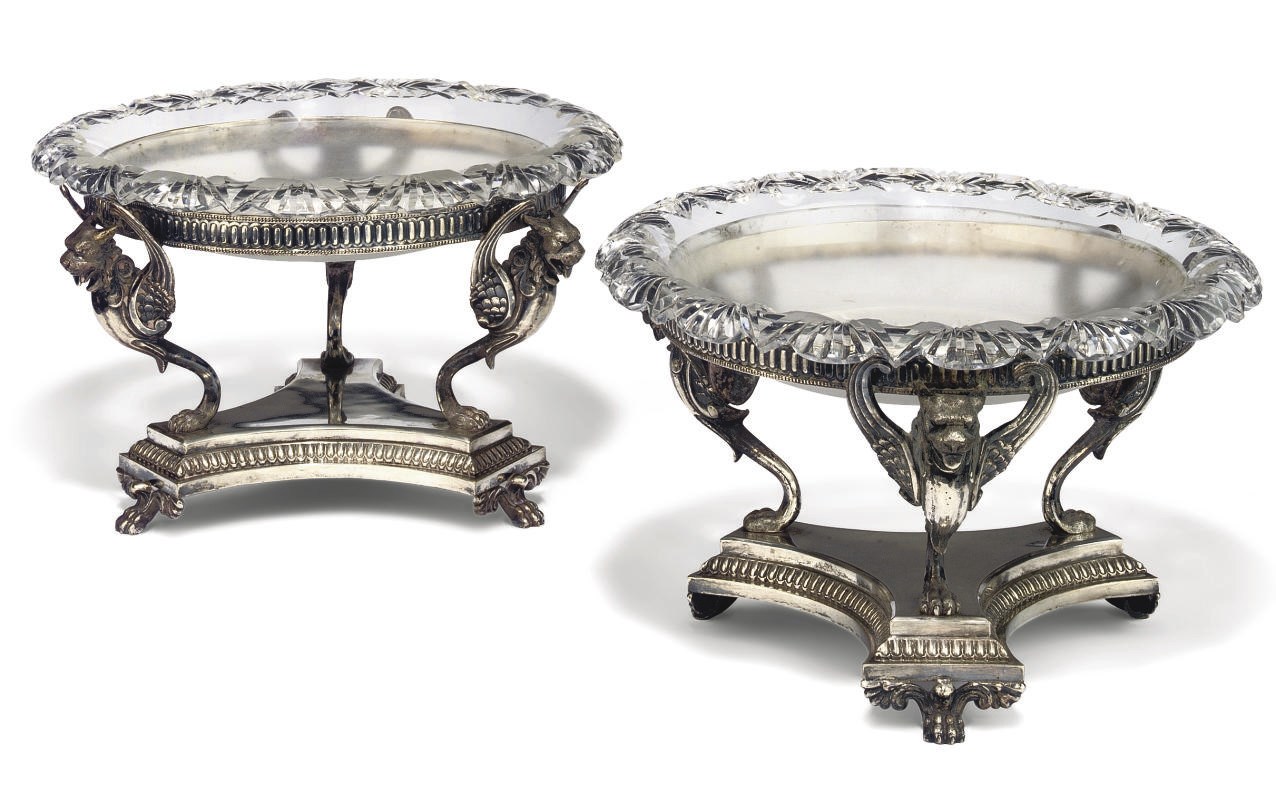 A PAIR OF EARLY VICTORIAN SILVER PLATED AND GLASS TAZZA