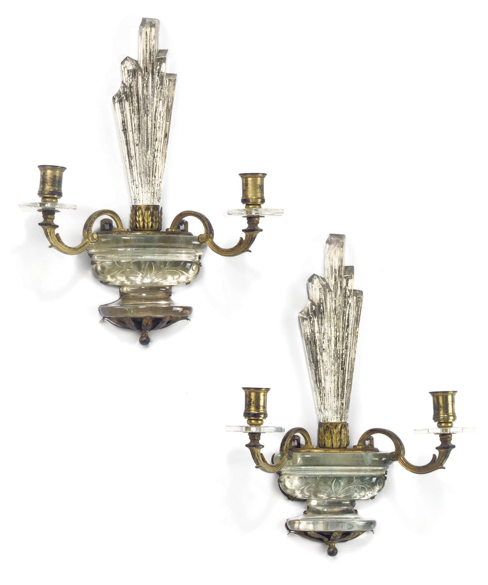 A PAIR OF FRENCH GILT-BRONZE AND GLASS TWIN-LIGHT WALL APPLIQUES