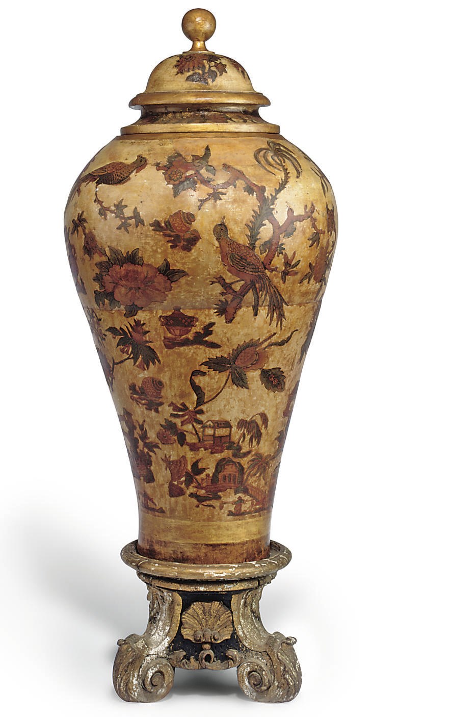 A NORTH ITALIAN LACCA POVERA DECORATED TERRACOTTA VASE ON GILTWOOD STAND