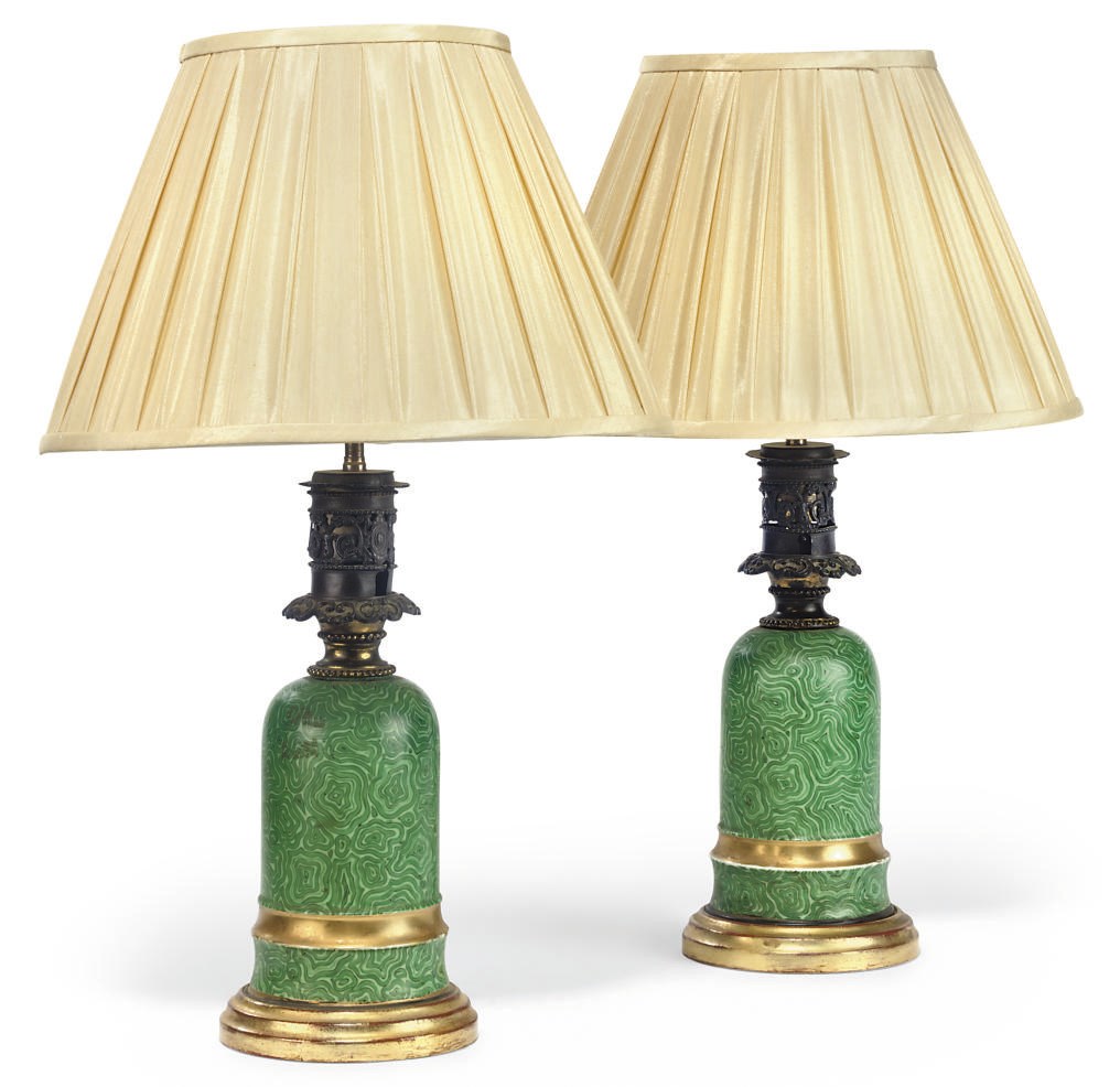 A PAIR OF VICTORIAN SIMULATED MALACHITE PORCELAIN TABLE LAMPS