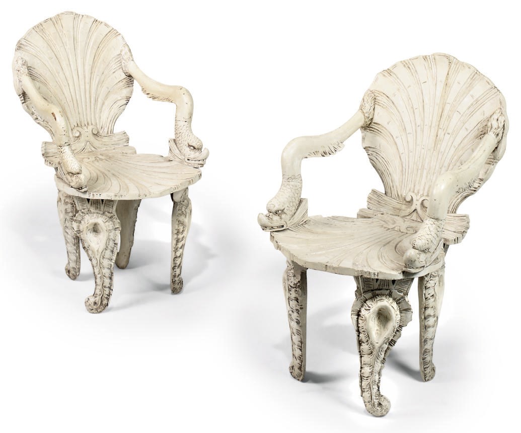 A PAIR OF VENETIAN CREAM PAINTED GROTTO ARMCHAIRS