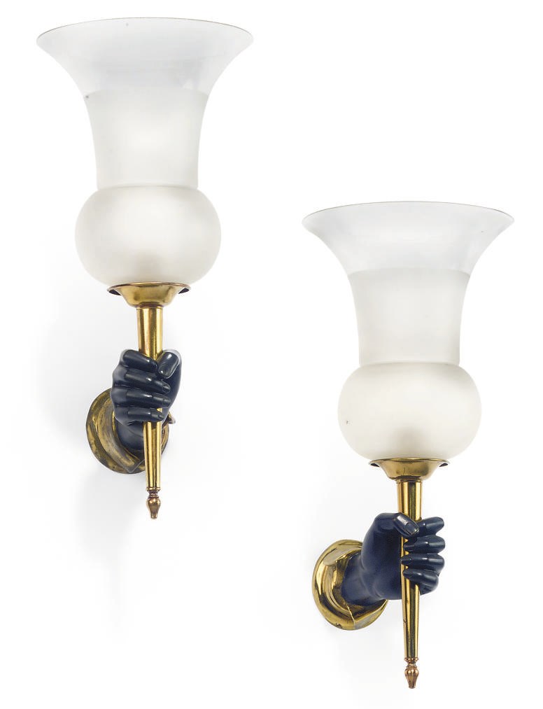A PAIR OF ITALIAN GILT AND PATINATED BRONZE SINGLE-LIGHT WALL APPLIQUES