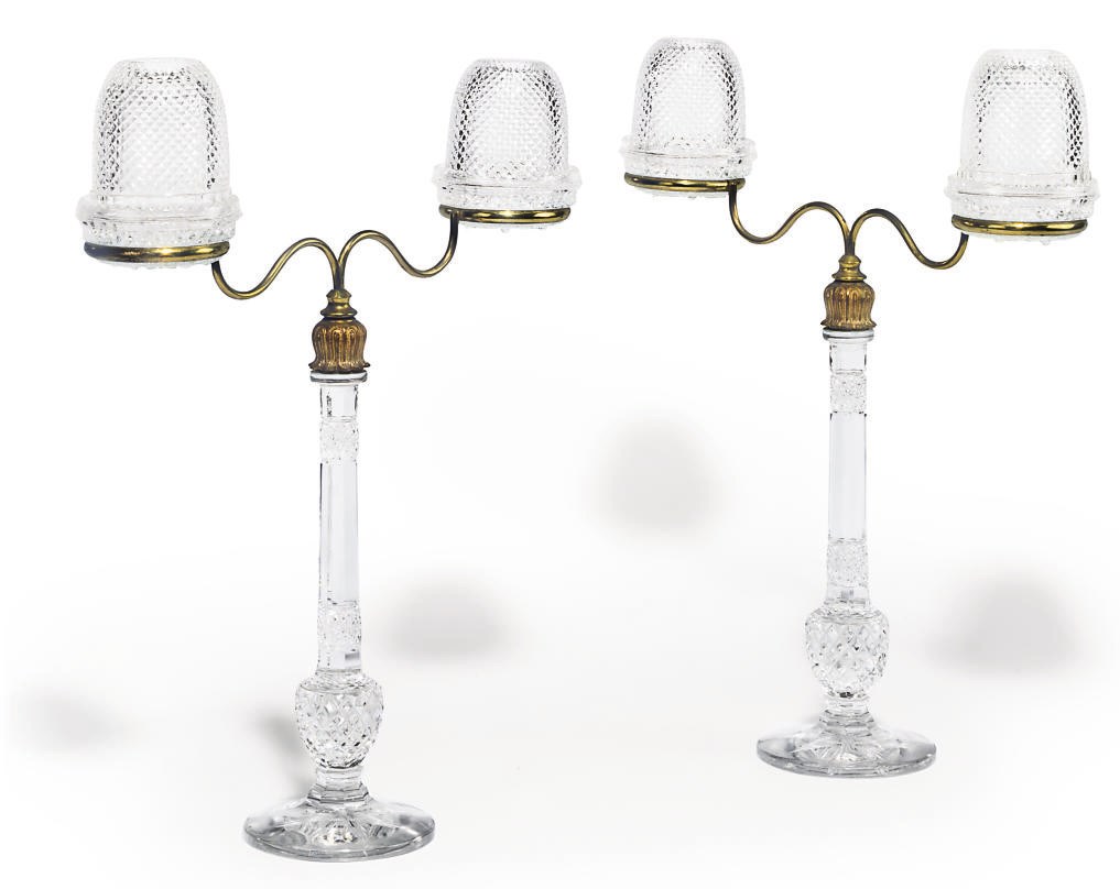 A PAIR OF VICTORIAN BRASS AND GLASS 'CRICKLITE' TWIN-LIGHT CANDELABRA